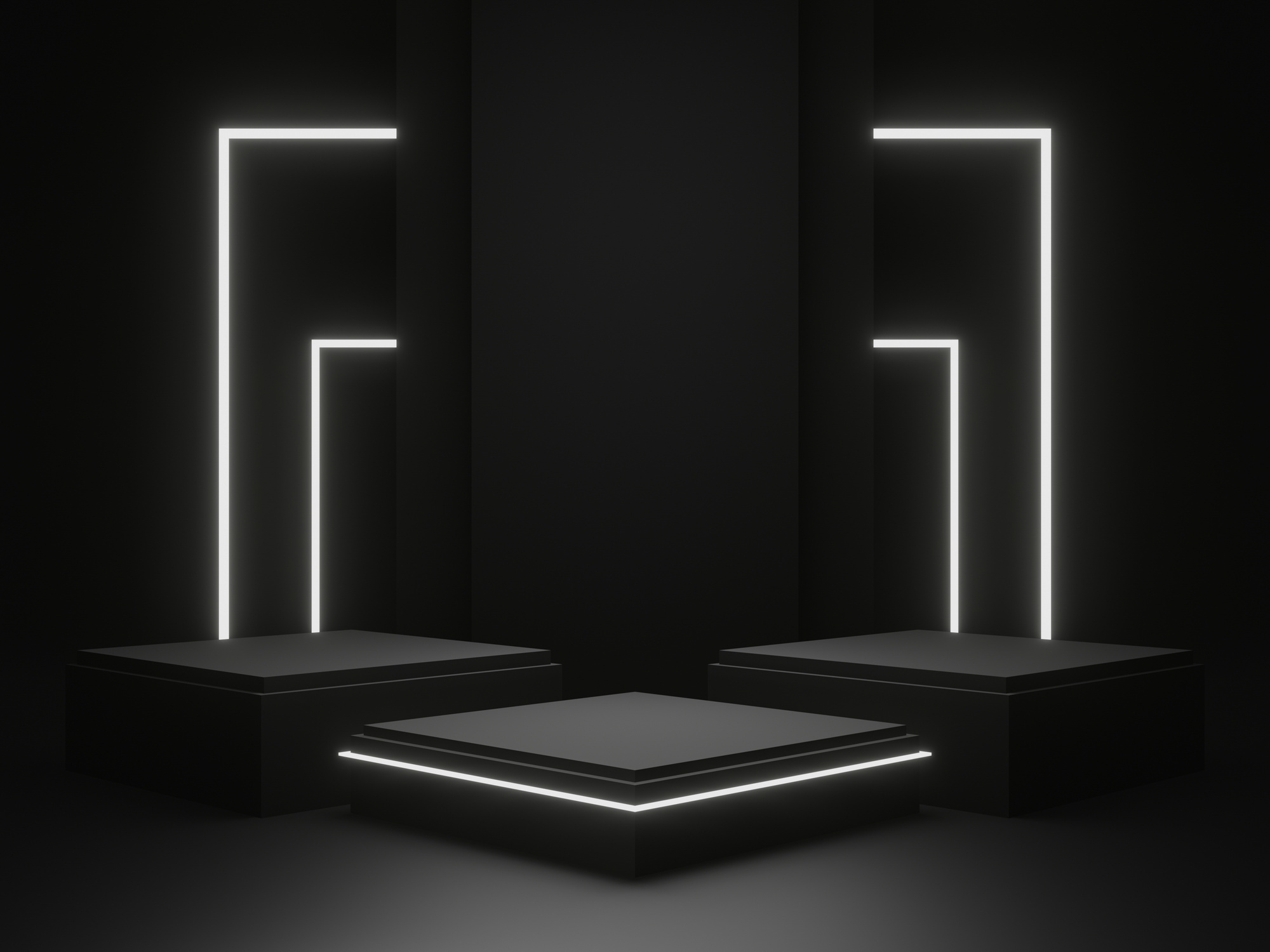 Three Geometric Black Podiums with Neon Lights